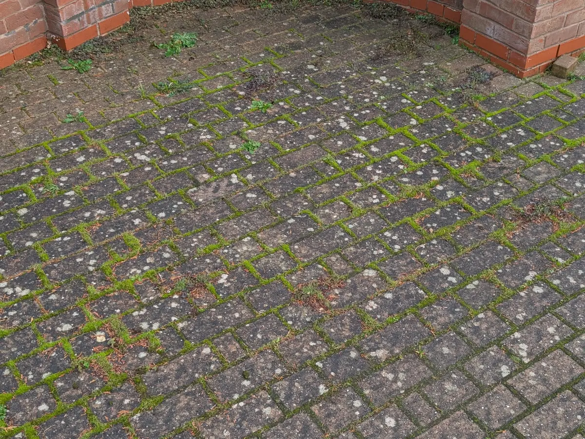Block paving courtyard with weed-grown joints before Restorra cleaning