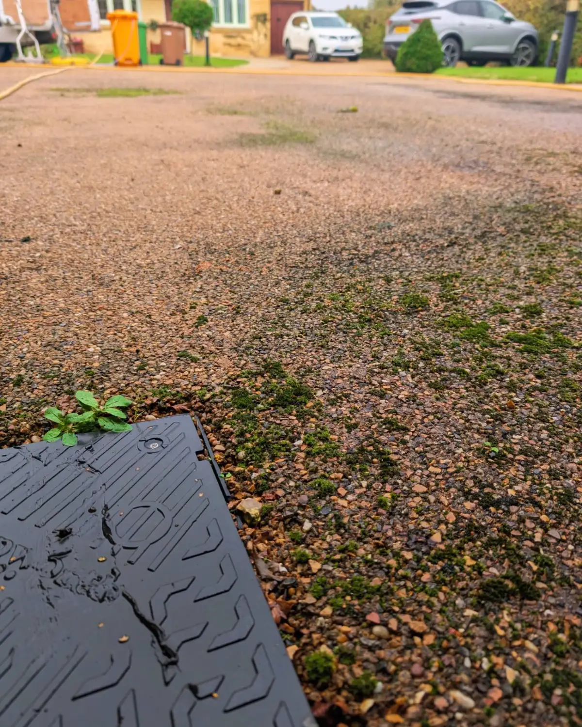 Resin-bound driveway in Leyland before cleaning, with moss growth across the surface